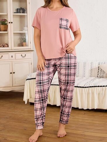 Women's Plus Size Pajamas Set Soft Comfortable Sleepwear Plaid Print Nightwear Long Pants With Chest Pocket in Saudi Arabia