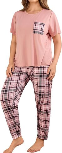 Women's Plus Size Pajamas Set Soft Comfortable Sleepwear Plaid Print Nightwear Long Pants With Chest Pocket in Saudi Arabia