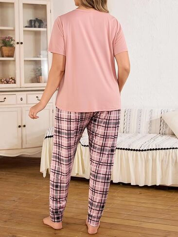 Women's Plus Size Pajamas Set Soft Comfortable Sleepwear Plaid Print Nightwear Long Pants With Chest Pocket in Saudi Arabia