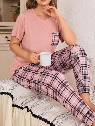 Women's Plus Size Pajamas Set Soft Comfortable Sleepwear Plaid Print Nightwear Long Pants With Chest Pocket in Saudi Arabia