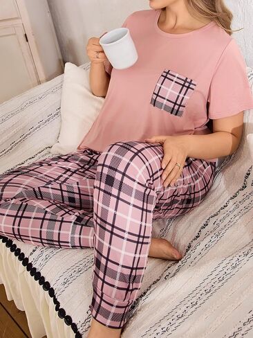 Women's Plus Size Pajamas Set Soft Comfortable Sleepwear Plaid Print Nightwear Long Pants With Chest Pocket in Saudi Arabia