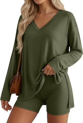 Women's 2 Piece Lounge Sets Oversized V Neck Pajamas Long Sleeve Workout Biker Shorts Side Split Tops Fall in Kuwait