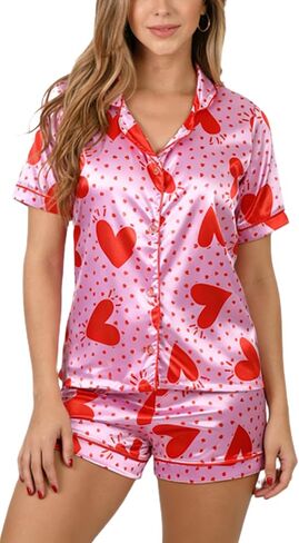 Womens Satin Pajamas Cute Sweet Heart Print Pjs Silk Short Sleeve Button Down Shirt Boxer Shorts Lingerie Pj Sets in Kuwait