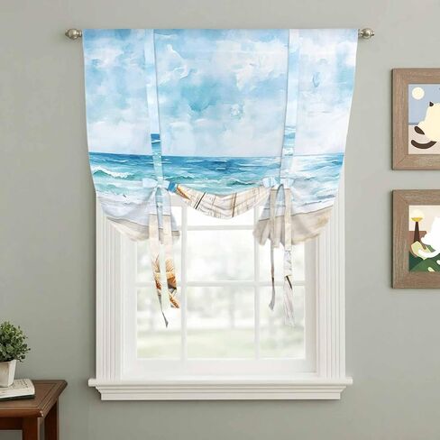 Summer Coastal Tie Up Curtains for Window, Watercolor Ocean Waves Seaside Starfish Thermal Insulated Balloon Shade Adjustable Rod Pocket Curtains Valance Panels for Kitchen Bathroom Café 42'' x 54'' in Saudi Arabia