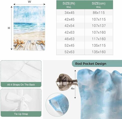 Summer Coastal Tie Up Curtains for Window, Watercolor Ocean Waves Seaside Starfish Thermal Insulated Balloon Shade Adjustable Rod Pocket Curtains Valance Panels for Kitchen Bathroom Café 42'' x 54'' in Saudi Arabia