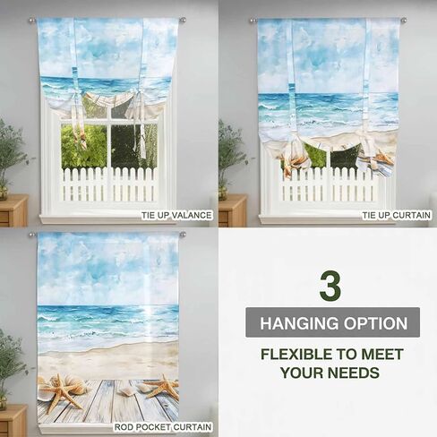 Summer Coastal Tie Up Curtains for Window, Watercolor Ocean Waves Seaside Starfish Thermal Insulated Balloon Shade Adjustable Rod Pocket Curtains Valance Panels for Kitchen Bathroom Café 42'' x 54'' in Saudi Arabia