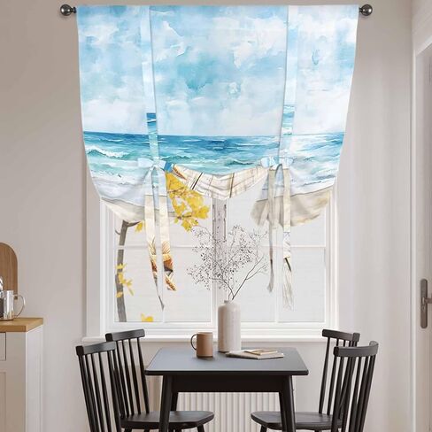 Summer Coastal Tie Up Curtains for Window, Watercolor Ocean Waves Seaside Starfish Thermal Insulated Balloon Shade Adjustable Rod Pocket Curtains Valance Panels for Kitchen Bathroom Café 42'' x 54'' in Saudi Arabia