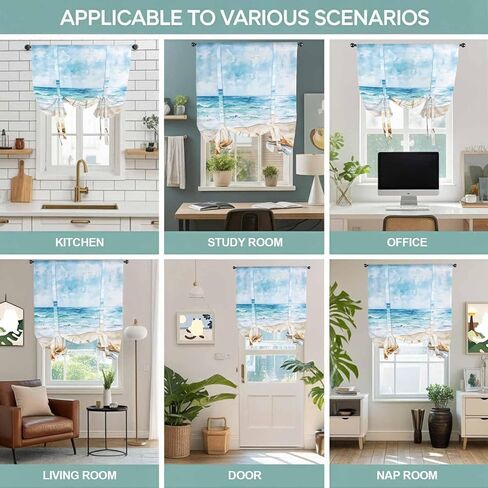 Summer Coastal Tie Up Curtains for Window, Watercolor Ocean Waves Seaside Starfish Thermal Insulated Balloon Shade Adjustable Rod Pocket Curtains Valance Panels for Kitchen Bathroom Café 42'' x 54'' in Saudi Arabia