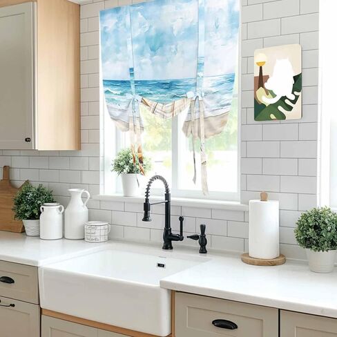 Summer Coastal Tie Up Curtains for Window, Watercolor Ocean Waves Seaside Starfish Thermal Insulated Balloon Shade Adjustable Rod Pocket Curtains Valance Panels for Kitchen Bathroom Café 42'' x 54'' in Saudi Arabia