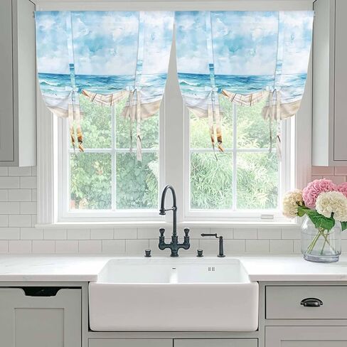 Summer Coastal Tie Up Curtains for Window, Watercolor Ocean Waves Seaside Starfish Thermal Insulated Balloon Shade Adjustable Rod Pocket Curtains Valance Panels for Kitchen Bathroom Café 42'' x 54'' in Saudi Arabia