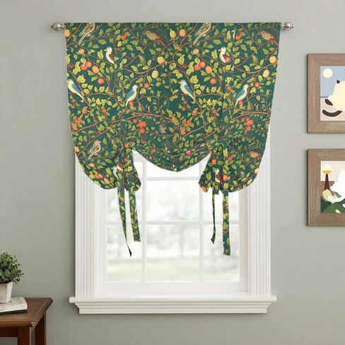 Botanical Birds Tie Up Curtains for Window, Art Abstract Leaves Green Thermal Insulated Balloon Shade Adjustable Rod Pocket Curtains Valance Panels for Kitchen Bathroom Café 52'' x 63'' in Saudi Arabia