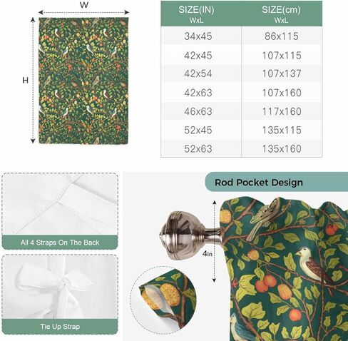 Botanical Birds Tie Up Curtains for Window, Art Abstract Leaves Green Thermal Insulated Balloon Shade Adjustable Rod Pocket Curtains Valance Panels for Kitchen Bathroom Café 52'' x 63'' in Saudi Arabia