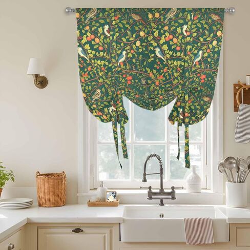 Botanical Birds Tie Up Curtains for Window, Art Abstract Leaves Green Thermal Insulated Balloon Shade Adjustable Rod Pocket Curtains Valance Panels for Kitchen Bathroom Café 52'' x 63'' in Saudi Arabia