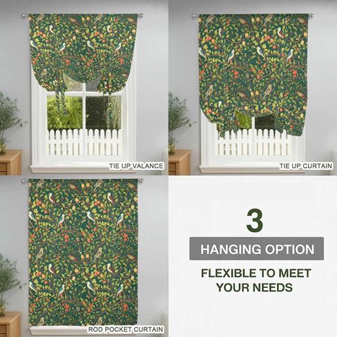 Botanical Birds Tie Up Curtains for Window, Art Abstract Leaves Green Thermal Insulated Balloon Shade Adjustable Rod Pocket Curtains Valance Panels for Kitchen Bathroom Café 52'' x 63'' in Saudi Arabia