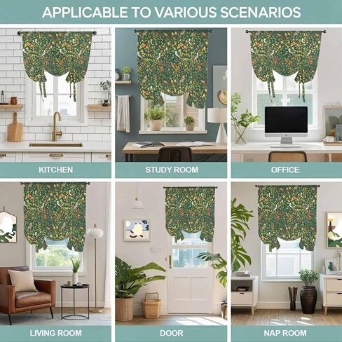 Botanical Birds Tie Up Curtains for Window, Art Abstract Leaves Green Thermal Insulated Balloon Shade Adjustable Rod Pocket Curtains Valance Panels for Kitchen Bathroom Café 52'' x 63'' in Saudi Arabia