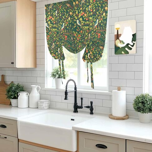 Botanical Birds Tie Up Curtains for Window, Art Abstract Leaves Green Thermal Insulated Balloon Shade Adjustable Rod Pocket Curtains Valance Panels for Kitchen Bathroom Café 52'' x 63'' in Saudi Arabia