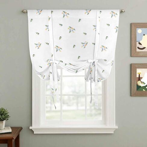 Farmhouse Flowers Tie Up Curtains for Window, Pastoral Botanical Watercolor Thermal Insulated Balloon Shade Adjustable Rod Pocket Curtains Valance Panels for Kitchen Bathroom Café 46'' x 63'' in Saudi Arabia
