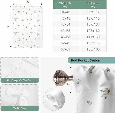 Farmhouse Flowers Tie Up Curtains for Window, Pastoral Botanical Watercolor Thermal Insulated Balloon Shade Adjustable Rod Pocket Curtains Valance Panels for Kitchen Bathroom Café 46'' x 63'' in Saudi Arabia