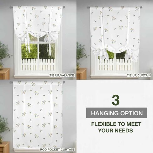 Farmhouse Flowers Tie Up Curtains for Window, Pastoral Botanical Watercolor Thermal Insulated Balloon Shade Adjustable Rod Pocket Curtains Valance Panels for Kitchen Bathroom Café 46'' x 63'' in Saudi Arabia