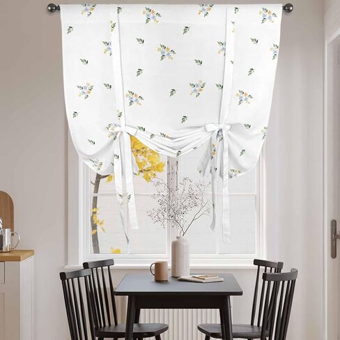 Farmhouse Flowers Tie Up Curtains for Window, Pastoral Botanical Watercolor Thermal Insulated Balloon Shade Adjustable Rod Pocket Curtains Valance Panels for Kitchen Bathroom Café 46'' x 63'' in Saudi Arabia