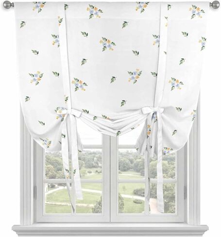 Farmhouse Flowers Tie Up Curtains for Window, Pastoral Botanical Watercolor Thermal Insulated Balloon Shade Adjustable Rod Pocket Curtains Valance Panels for Kitchen Bathroom Café 46'' x 63'' in Saudi Arabia