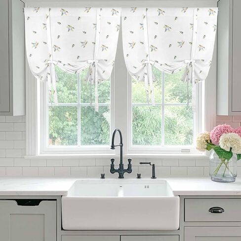 Farmhouse Flowers Tie Up Curtains for Window, Pastoral Botanical Watercolor Thermal Insulated Balloon Shade Adjustable Rod Pocket Curtains Valance Panels for Kitchen Bathroom Café 46'' x 63'' in Saudi Arabia