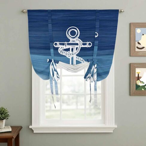 Nautical Anchor Navy Blue Tie Up Curtains for Window, Coastal Ocean Ombre Striped Thermal Insulated Balloon Shade Adjustable Rod Pocket Curtains Valance Panels for Kitchen Bathroom Café 42'' x 45'' in Saudi Arabia