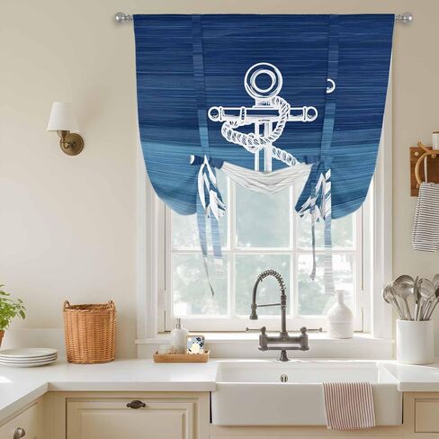 Nautical Anchor Navy Blue Tie Up Curtains for Window, Coastal Ocean Ombre Striped Thermal Insulated Balloon Shade Adjustable Rod Pocket Curtains Valance Panels for Kitchen Bathroom Café 42'' x 45'' in Saudi Arabia