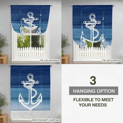 Nautical Anchor Navy Blue Tie Up Curtains for Window, Coastal Ocean Ombre Striped Thermal Insulated Balloon Shade Adjustable Rod Pocket Curtains Valance Panels for Kitchen Bathroom Café 42'' x 45'' in Saudi Arabia