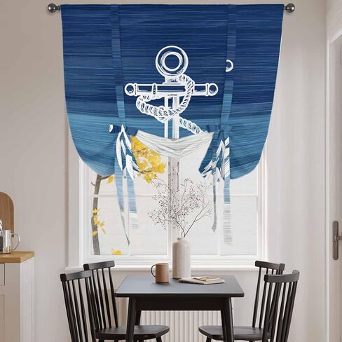 Nautical Anchor Navy Blue Tie Up Curtains for Window, Coastal Ocean Ombre Striped Thermal Insulated Balloon Shade Adjustable Rod Pocket Curtains Valance Panels for Kitchen Bathroom Café 42'' x 45'' in Saudi Arabia