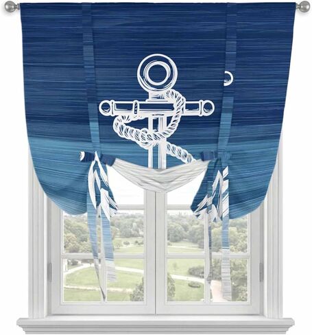 Nautical Anchor Navy Blue Tie Up Curtains for Window, Coastal Ocean Ombre Striped Thermal Insulated Balloon Shade Adjustable Rod Pocket Curtains Valance Panels for Kitchen Bathroom Café 42'' x 45'' in Saudi Arabia