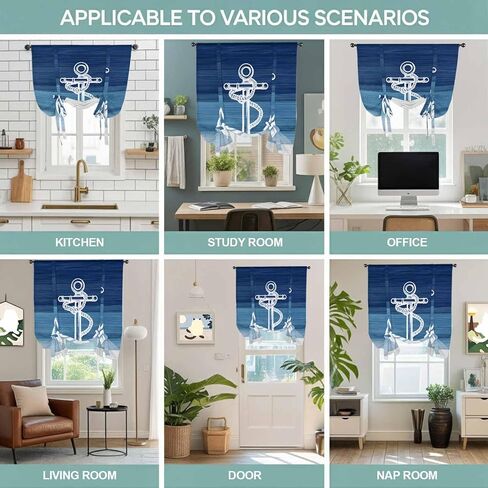 Nautical Anchor Navy Blue Tie Up Curtains for Window, Coastal Ocean Ombre Striped Thermal Insulated Balloon Shade Adjustable Rod Pocket Curtains Valance Panels for Kitchen Bathroom Café 42'' x 45'' in Saudi Arabia