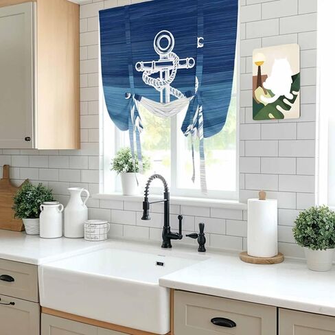 Nautical Anchor Navy Blue Tie Up Curtains for Window, Coastal Ocean Ombre Striped Thermal Insulated Balloon Shade Adjustable Rod Pocket Curtains Valance Panels for Kitchen Bathroom Café 42'' x 45'' in Saudi Arabia