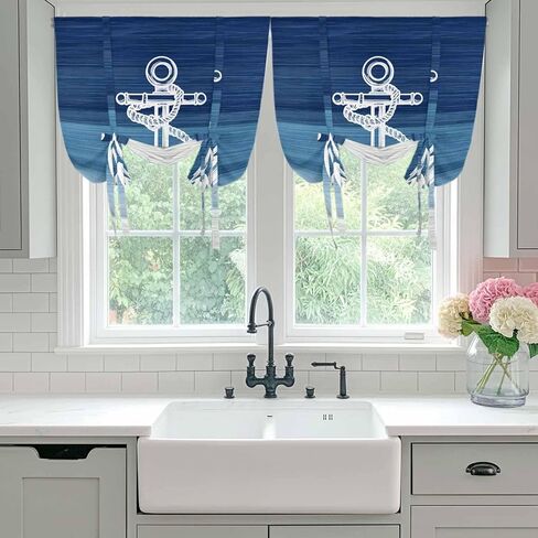 Nautical Anchor Navy Blue Tie Up Curtains for Window, Coastal Ocean Ombre Striped Thermal Insulated Balloon Shade Adjustable Rod Pocket Curtains Valance Panels for Kitchen Bathroom Café 42'' x 45'' in Saudi Arabia