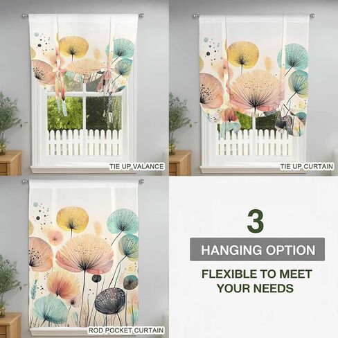 Vintage Spring Floral Tie Up Curtains for Window, Summer Botanical Abstract Art Thermal Insulated Balloon Shade Adjustable Rod Pocket Curtains Valance Panels for Kitchen Bathroom Café 42'' x 45'' in Saudi Arabia