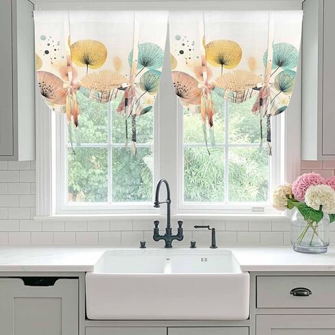 Vintage Spring Floral Tie Up Curtains for Window, Summer Botanical Abstract Art Thermal Insulated Balloon Shade Adjustable Rod Pocket Curtains Valance Panels for Kitchen Bathroom Café 42'' x 45'' in Saudi Arabia
