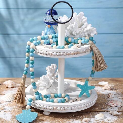 Seashell Wood Bead Garland 2 Pieces Farmhouse Beads Garland with Tassels Decorative Beads Home Decor Nautical Farmhouse Tiered Tray Decorations Set Coastal Garland for Home Kitchen Decor in Saudi Arabia