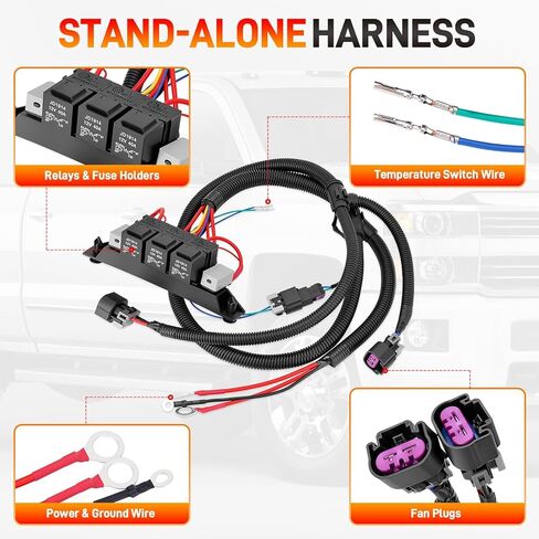 674-00923 Dual Speed Electric Fan Control Wiring Harness Kit with Relay Compatible with Chevy Avalanche Silverado Suburban, Cadillac Escalade, GMC Sierra Yukon 1999-2007, Retrofit Stand Alone Fan Wire in Kuwait