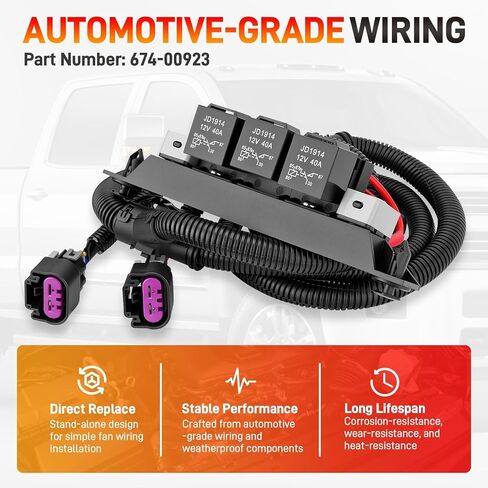674-00923 Dual Speed Electric Fan Control Wiring Harness Kit with Relay Compatible with Chevy Avalanche Silverado Suburban, Cadillac Escalade, GMC Sierra Yukon 1999-2007, Retrofit Stand Alone Fan Wire in Kuwait