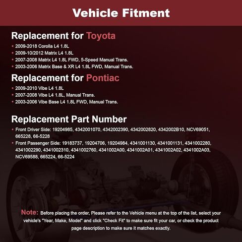 Anytek CV Axle Shaft Front Left & Right For Toyota Corolla 2003-2015 2016 2017 2018 Matrix 2003-2012 Pontiac Vibe 2003-2010 L4 1.8L Manual Trans only Replace# 665228 665224 Passenger & Driver in Kuwait