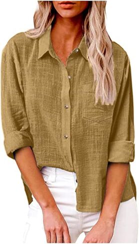 قمصان علوية من القطن والكتان للنساء بأكمام طويلة وأزرار سفلية، بلوزة فضفاضة غير رسمية للعمل والمكتب والربيع والصيف in Kuwait