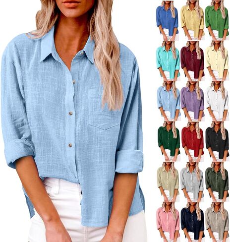 Cotton Linen Tops for Women Long Sleeve Button Down Shirts Casual Loose Blouse Work Office Spring Summer Tunic Tops in Saudi Arabia