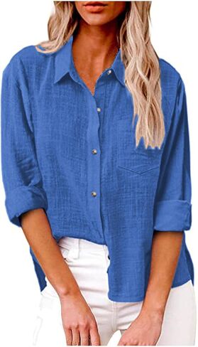 Cotton Linen Tops for Women Long Sleeve Button Down Shirts Casual Loose Blouse Work Office Spring Summer Tunic Tops in Saudi Arabia