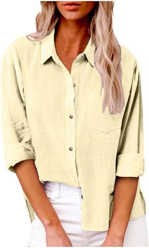 Cotton Linen Tops for Women Long Sleeve Button Down Shirts Casual Loose Blouse Work Office Spring Summer Tunic Tops in Saudi Arabia