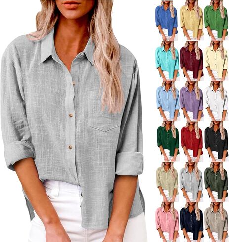 Cotton Linen Tops for Women Long Sleeve Button Down Shirts Casual Loose Blouse Work Office Spring Summer Tunic Tops in Saudi Arabia