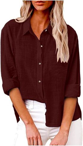 Cotton Linen Tops for Women Long Sleeve Button Down Shirts Casual Loose Blouse Work Office Spring Summer Tunic Tops in Saudi Arabia