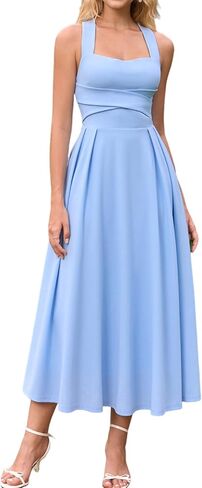 Womens Summer Midi Dress Wedding Guest Dresses for Women Criss Cross Back Flowy A Line Casual Sundress in Saudi Arabia