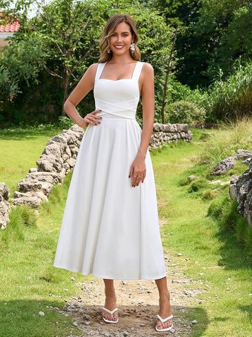 Womens Summer Midi Dress Wedding Guest Dresses for Women Criss Cross Back Flowy A Line Casual Sundress in Saudi Arabia