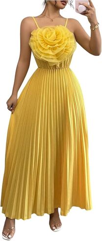 فستان نسائي من OYOANGLE بحزام سباغيتي ثلاثي الأبعاد مزين بالزهور ومطوي بدون أكمام فساتين سهرة واسعة in Kuwait