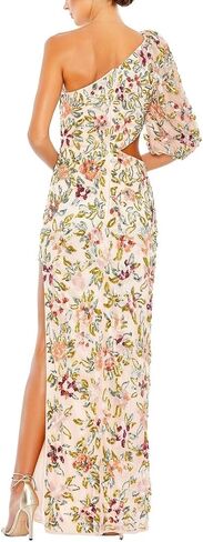 Floral One Shoulder Beige Embellished Gown by Mac Duggal in Saudi Arabia